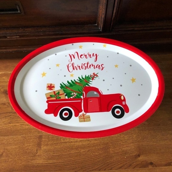 Merry Christmas Old truck & tree large Plastic cookie platter - Picture 1 of 4